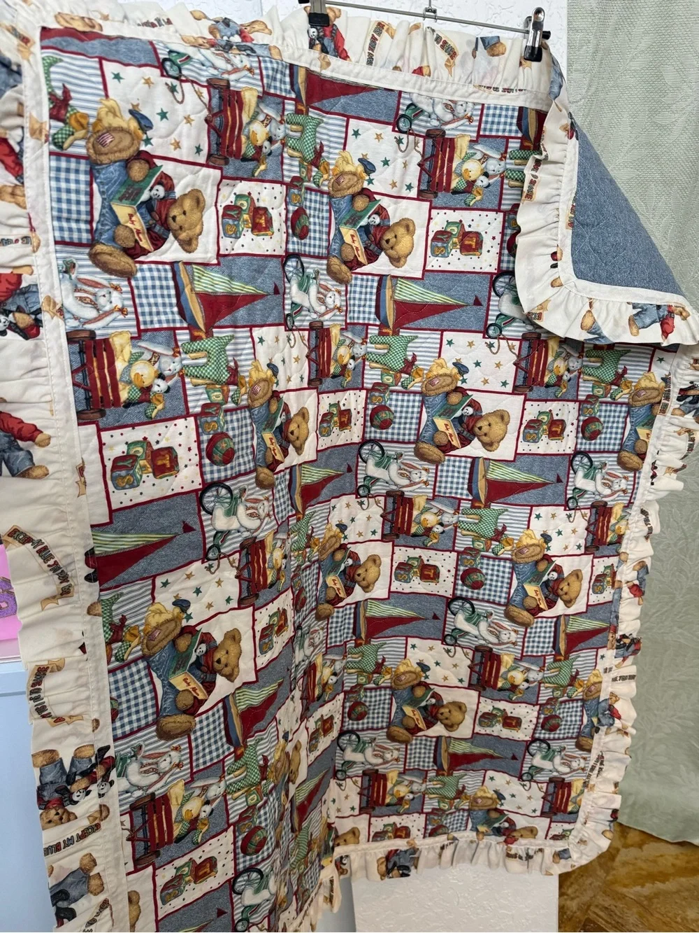 Vintage Teddy Bear Patchwork Baby Quilt in Blue, Red, Cream